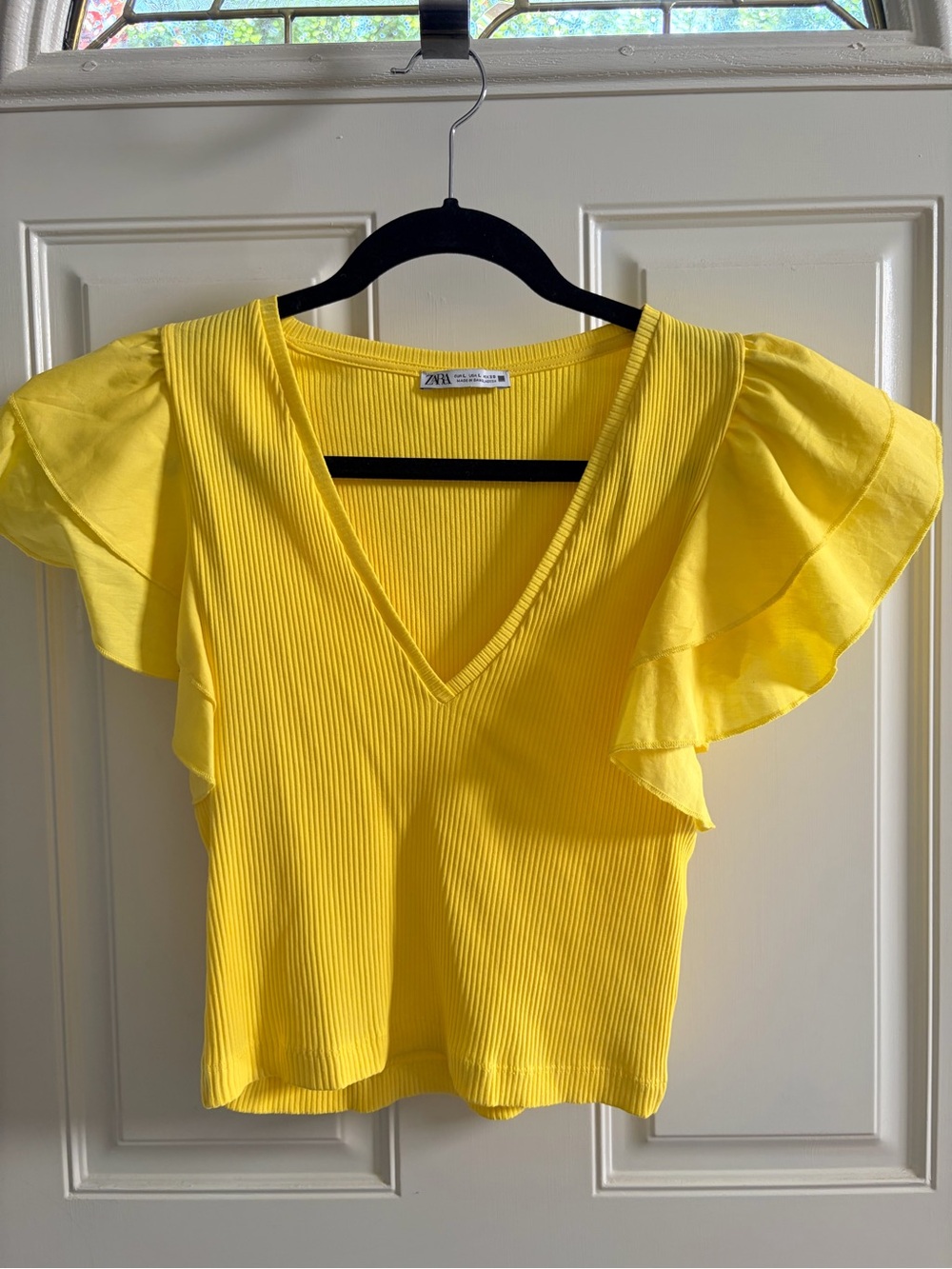 Zara Bright Yellow V-Neck Ribbed Flutter Sleeve Crop Top